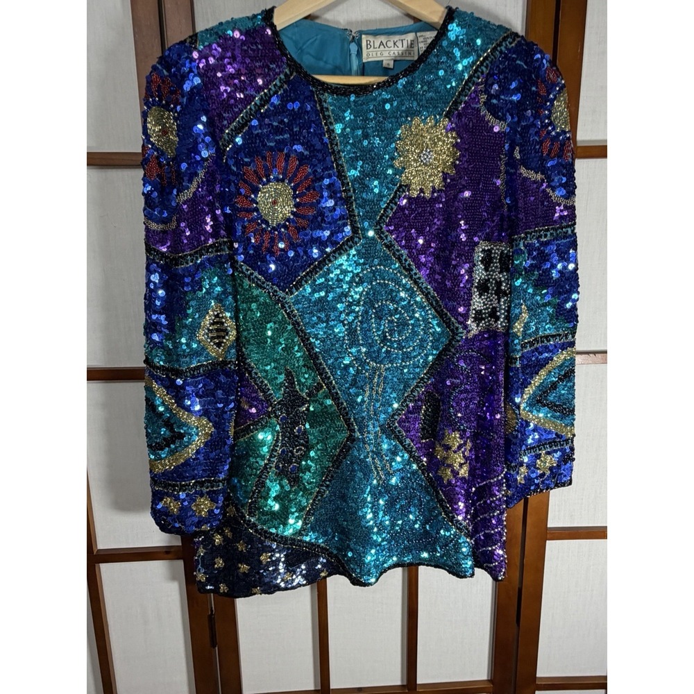 Oleg Cassini Black Tie Silk Beaded Sequins Top Blouse Art Deco Small S Vintage